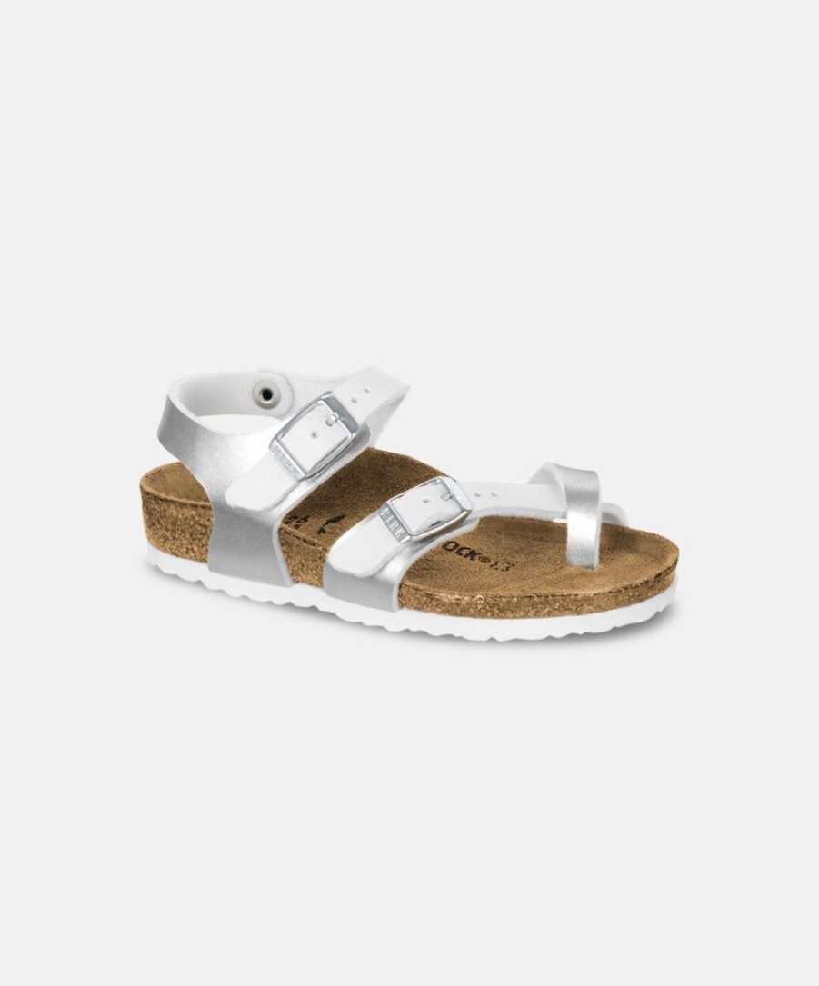 Kids Birkenstock | Birkenstock Kids Taormina Birko-Flor Soft Metallics Silver White Sandals