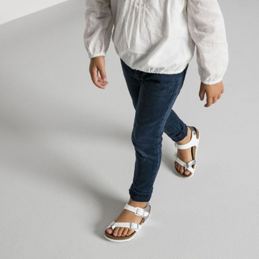 Kids Birkenstock | Birkenstock Kids Taormina Birko-Flor Soft Metallics Silver White Sandals