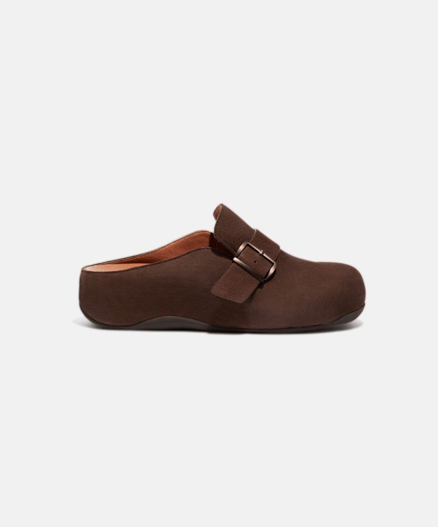 Women FitFlop Clogs | Fitflop Shuv Buckle-Strap Nubuck Clogs Brown