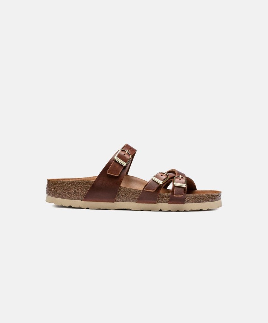 Women Birkenstock Slides | Birkenstock Franca Big Buckle Oiled Leather Sandals Brown