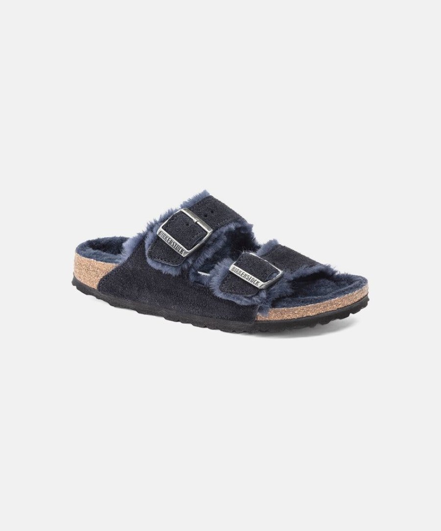 Men Birkenstock Two Strap Sandals | Birkenstock Arizona Suede Leather Shearling Midnight Sandals