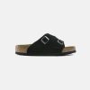 Women Birkenstock Slides | Birkenstock Zurich Suede Leather Black Soft Footbed Sandals