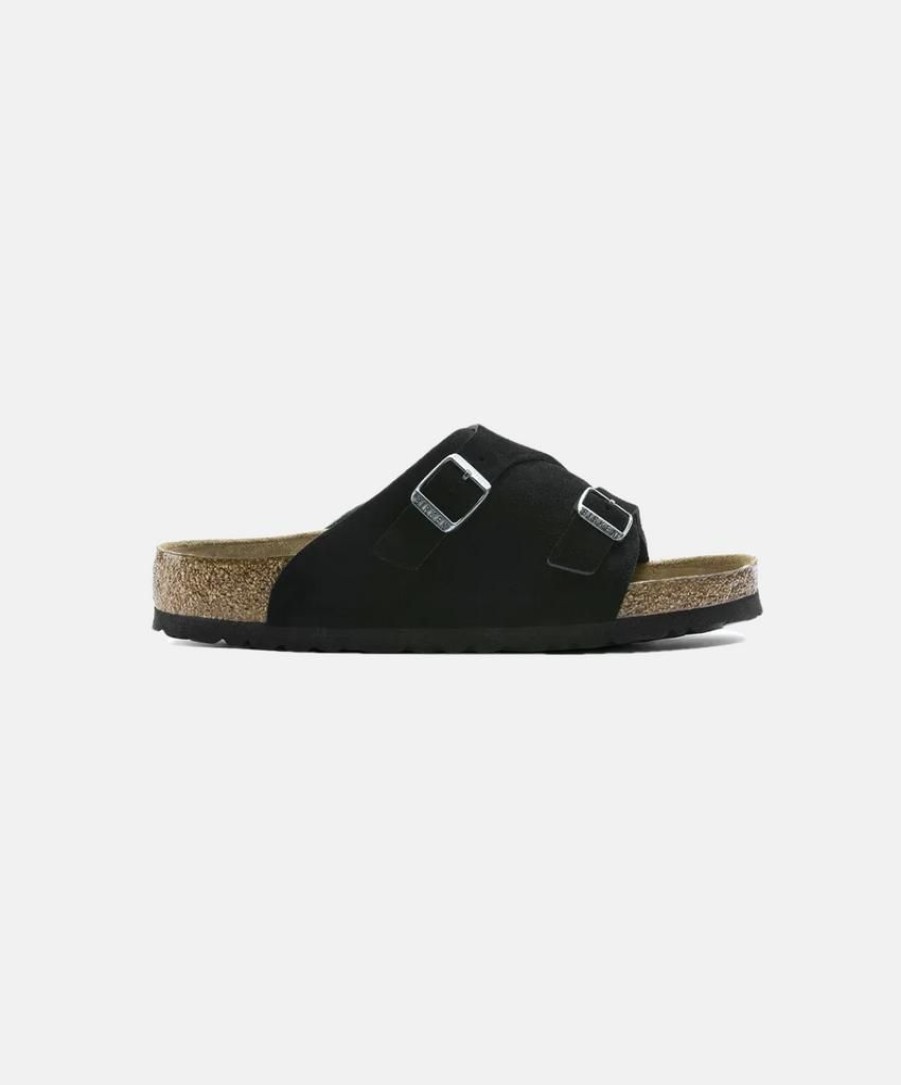 Women Birkenstock Slides | Birkenstock Zurich Suede Leather Black Soft Footbed Sandals