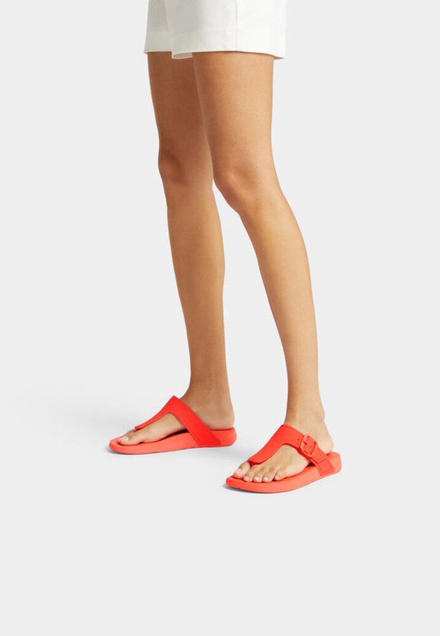 Women FitFlop Toe Post Sandals | Fitflop Iqushion Adjustable Buckle Neon Orange Flip-Flops