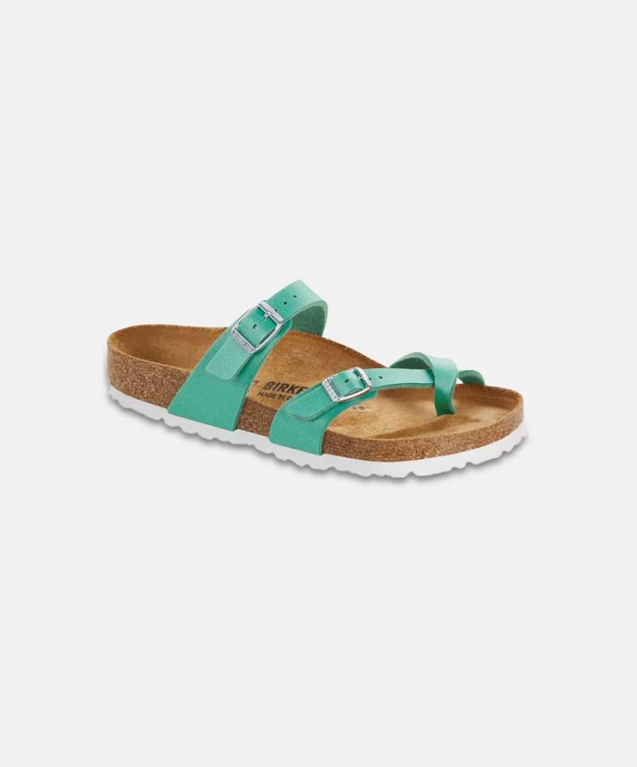 Women Birkenstock Slides | Birkenstock Mayari Birko-Flor Icy Metallic Emerald Sandals