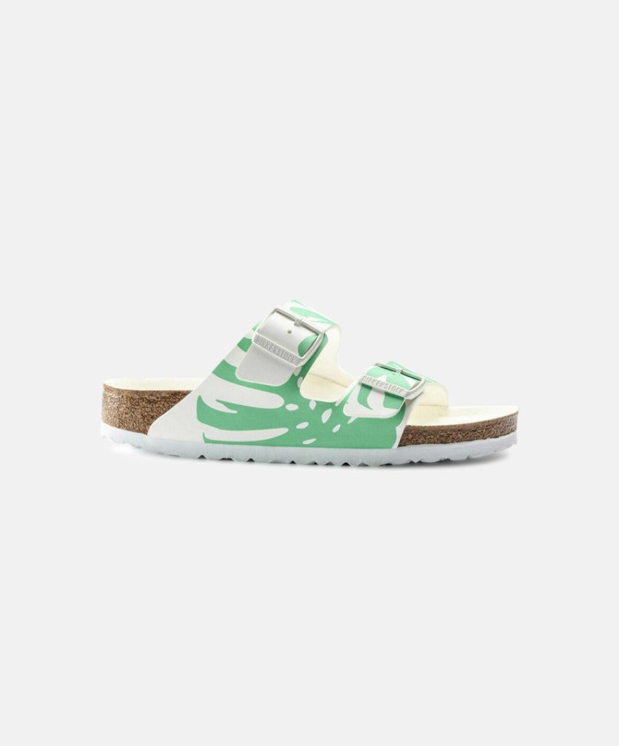 Men Birkenstock Slides | Birkenstock Arizona Monstera Birko-Flor White/Bold Jade Sandals