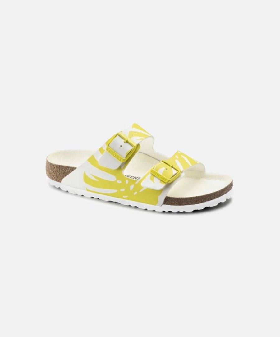 Men Birkenstock Slides | Birkenstock Arizona Monstera Birko-Flor White/Lime Sour Sandals