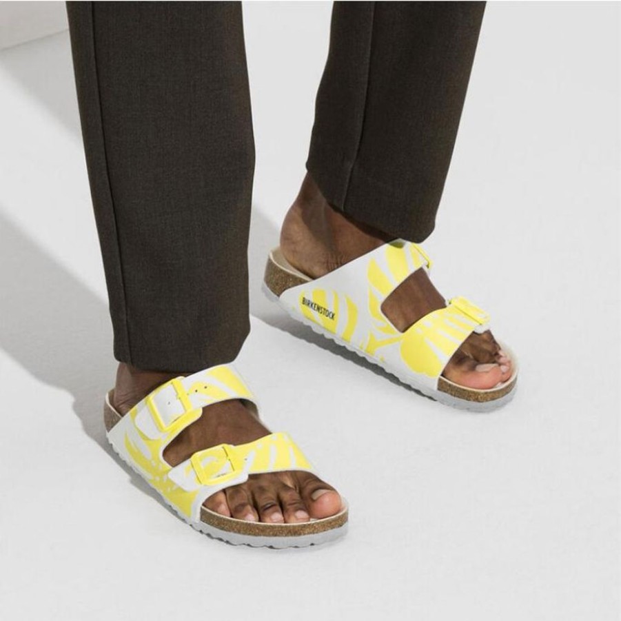 Men Birkenstock Slides | Birkenstock Arizona Monstera Birko-Flor White/Lime Sour Sandals