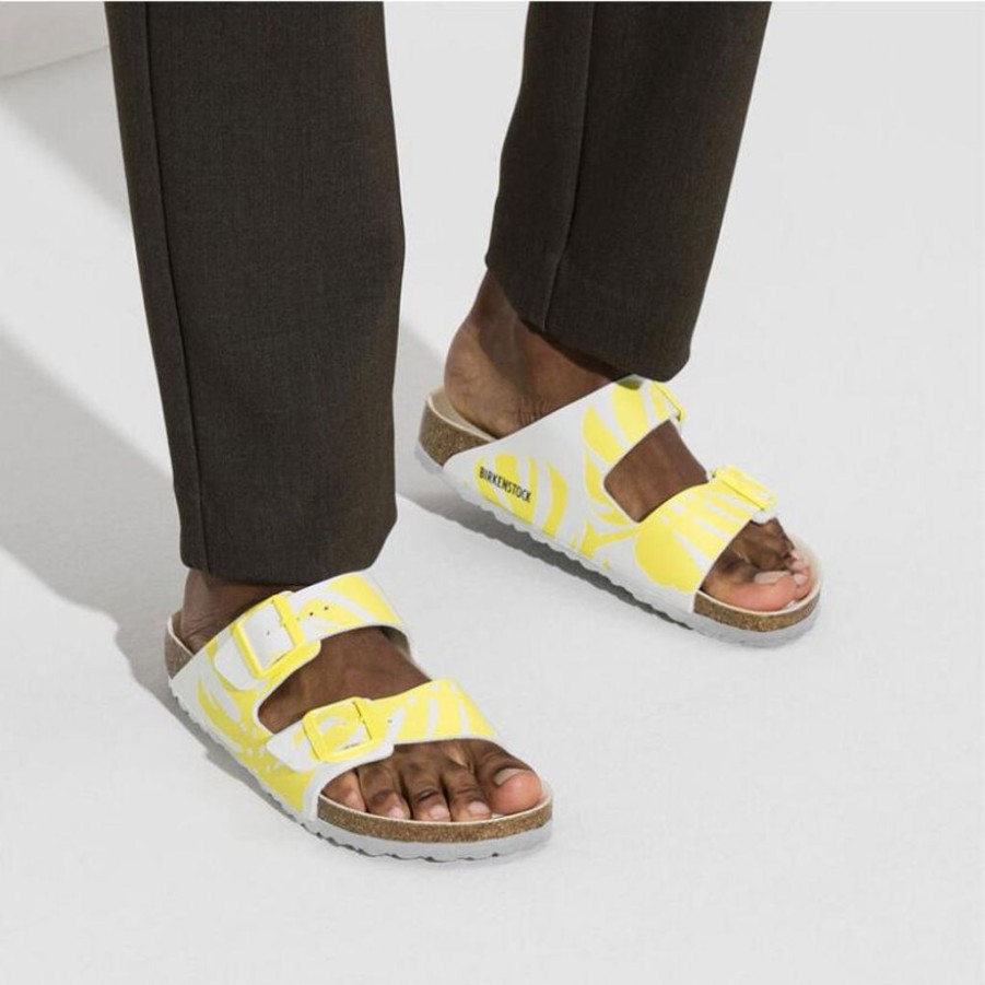 Men Birkenstock Vegan Sandals | Birkenstock Arizona Monstera Birko-Flor White/Lime Sour Sandals