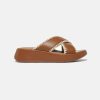 Women FitFlop Slides | Fitflop F-Mode Crochet-Stitch Leather Flatform Slides Tan