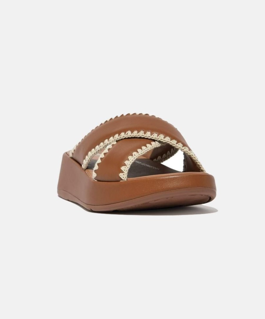 Women FitFlop Slides | Fitflop F-Mode Crochet-Stitch Leather Flatform Slides Tan