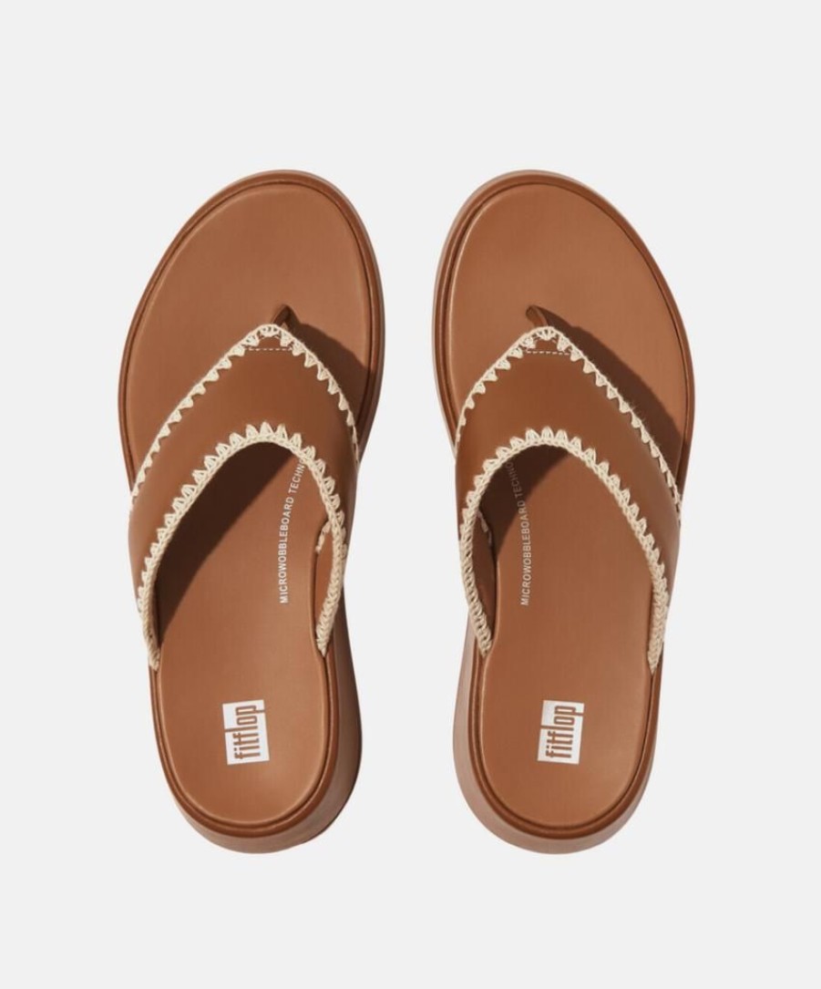 Women FitFlop Slides | Fitflop F-Mode Crochet-Stitch Leather Flatform Toe-Thongs Tan