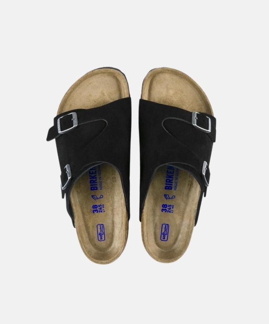 Women Birkenstock Suede Sandals | Birkenstock Zurich Suede Leather Black Soft Footbed Sandals