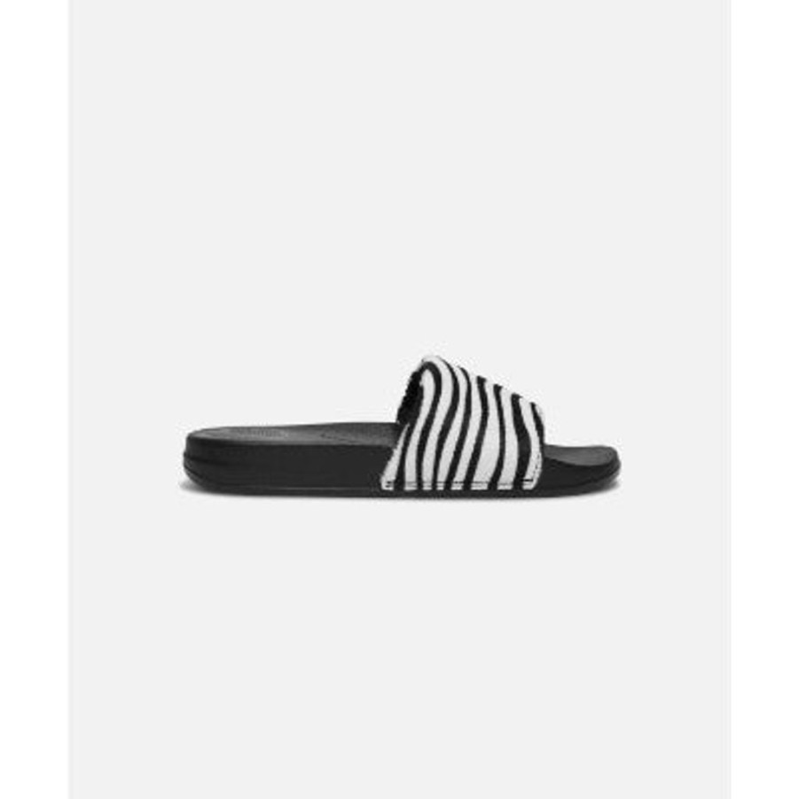 Women FitFlop Slides | Fitflop Iqushion Black Zebra-Print Leather Slides