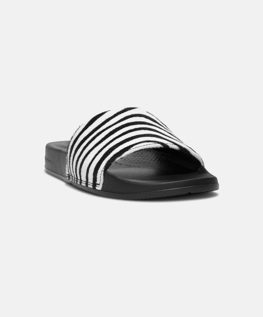 Women FitFlop Slides | Fitflop Iqushion Black Zebra-Print Leather Slides