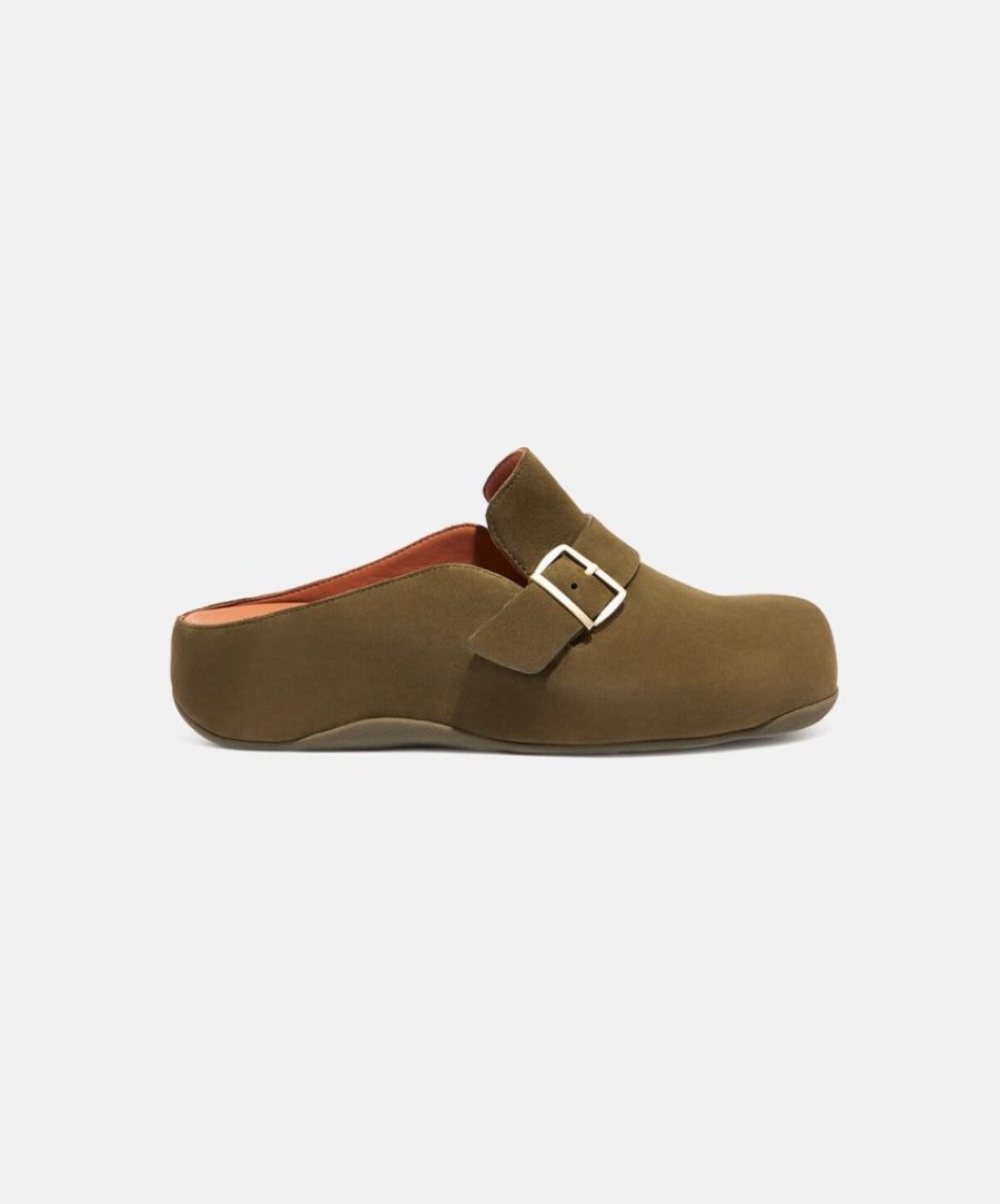 Women FitFlop Clogs | Fitflop Shuv Buckle-Strap Mossy Nubuck Clogs