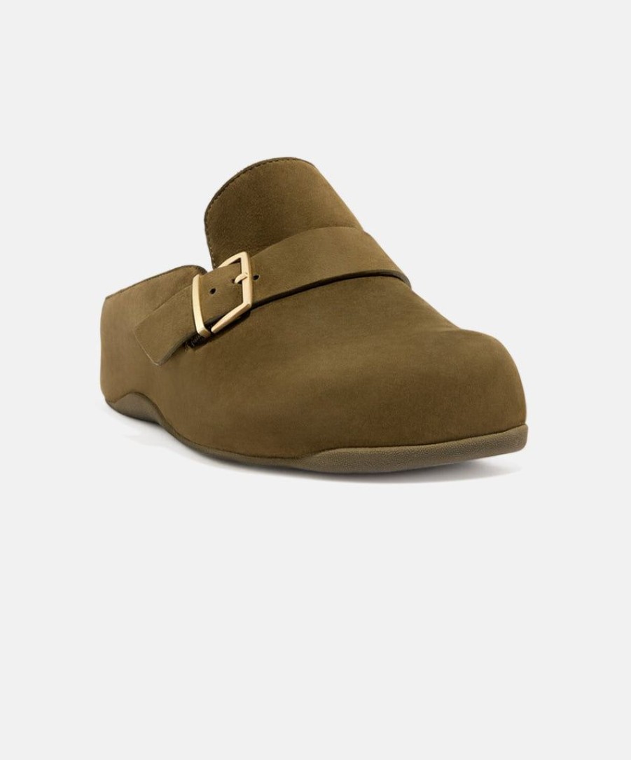 Women FitFlop Clogs | Fitflop Shuv Buckle-Strap Mossy Nubuck Clogs