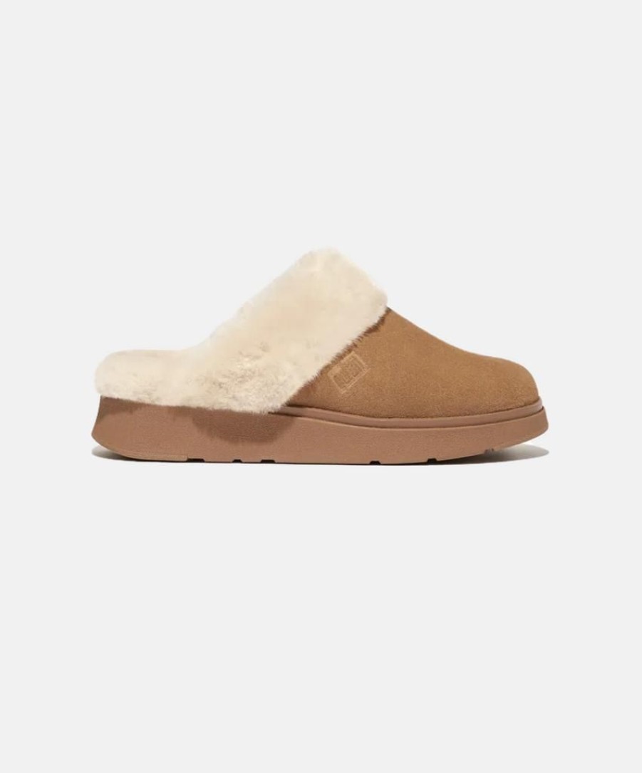 Women Bstore Slides | Fitflop Gen-Ff Shearling Collar Suede Slippers Tan