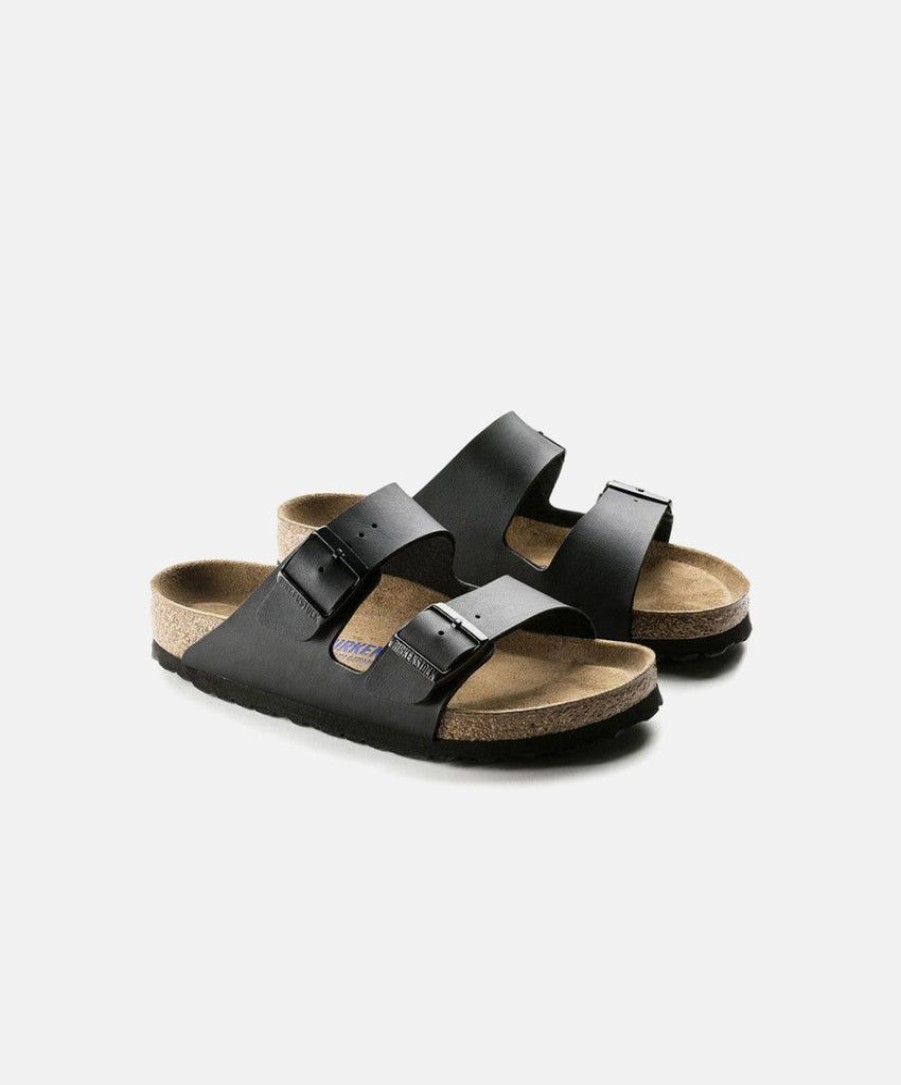 Men Birkenstock Slides | Birkenstock Arizona Birko-Flor Black Soft Footbed Sandals