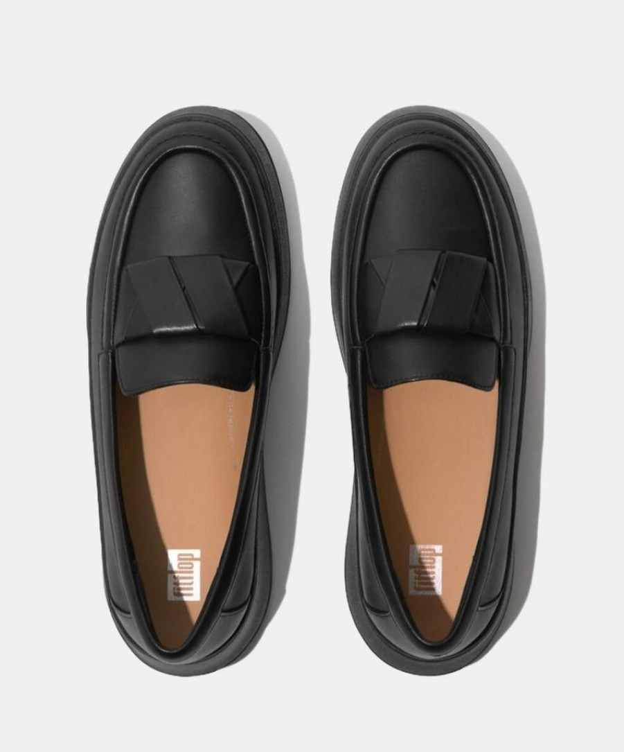 Women Bstore Loafers | Fitflop F-Mode Folded-Leather Flatform Loafers Black