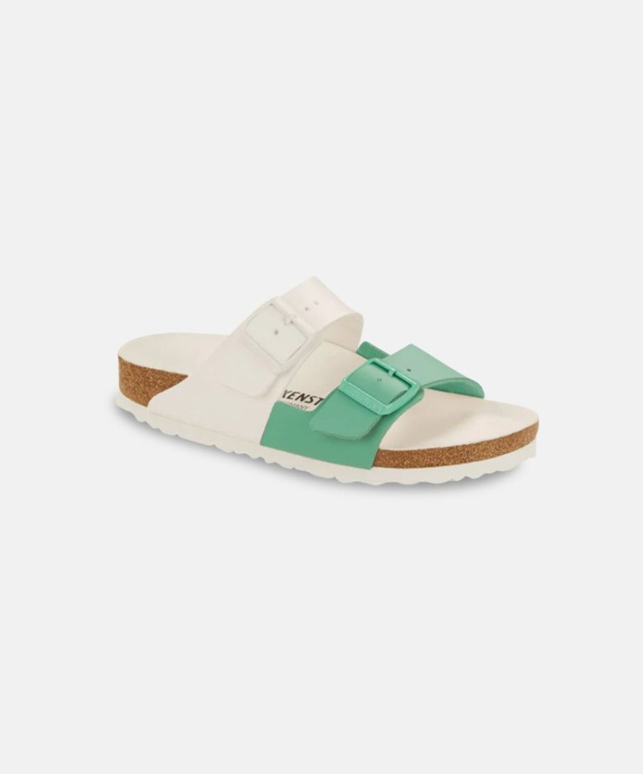 Men Birkenstock Two Strap Sandals | Birkenstock Arizona Split Birko-Flor White/Bold Jade Sandals