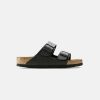 Men Birkenstock Two Strap Sandals | Birkenstock Arizona Birko-Flor Black Soft Footbed Sandals