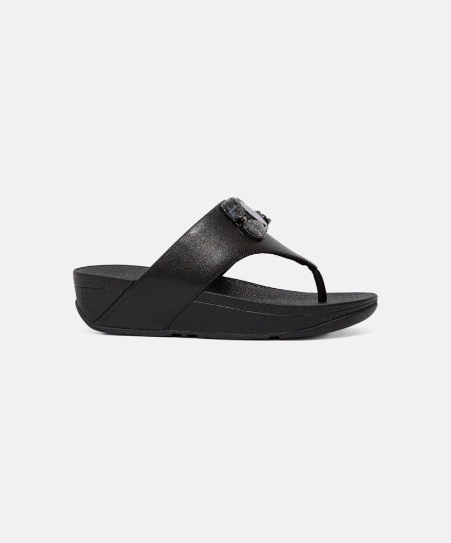 Women FitFlop Toe Post Sandals | Fitflop Rosa Stone-Cluster Leather Toe Post Sandals Black