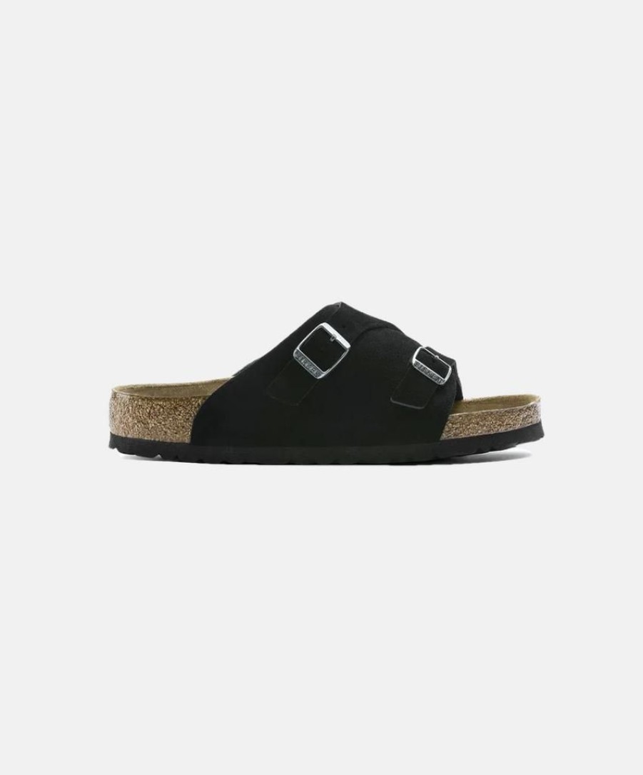 Women Birkenstock Leather Sandals | Birkenstock Zurich Suede Leather Black Soft Footbed Sandals