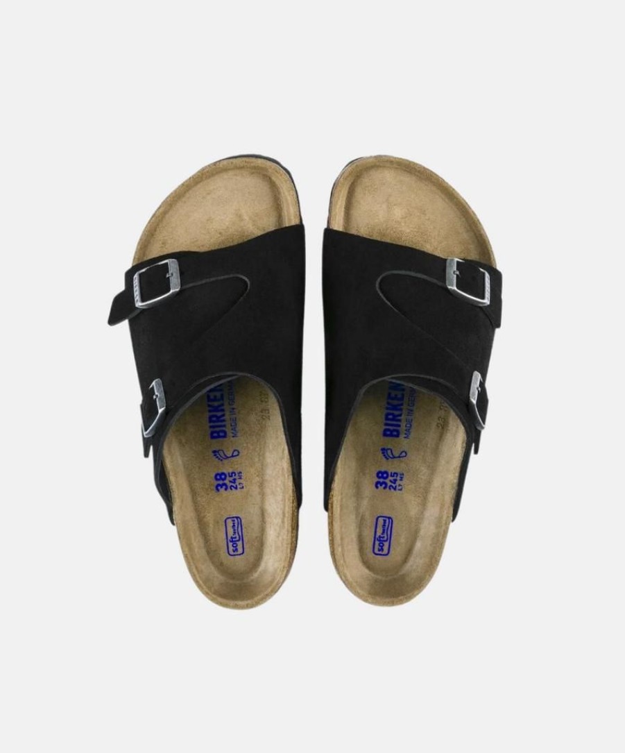 Women Birkenstock Leather Sandals | Birkenstock Zurich Suede Leather Black Soft Footbed Sandals