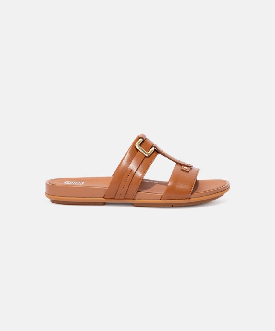 Women FitFlop Slides | Fitflop Gracie Stud-Buckle Leather Slides Brown