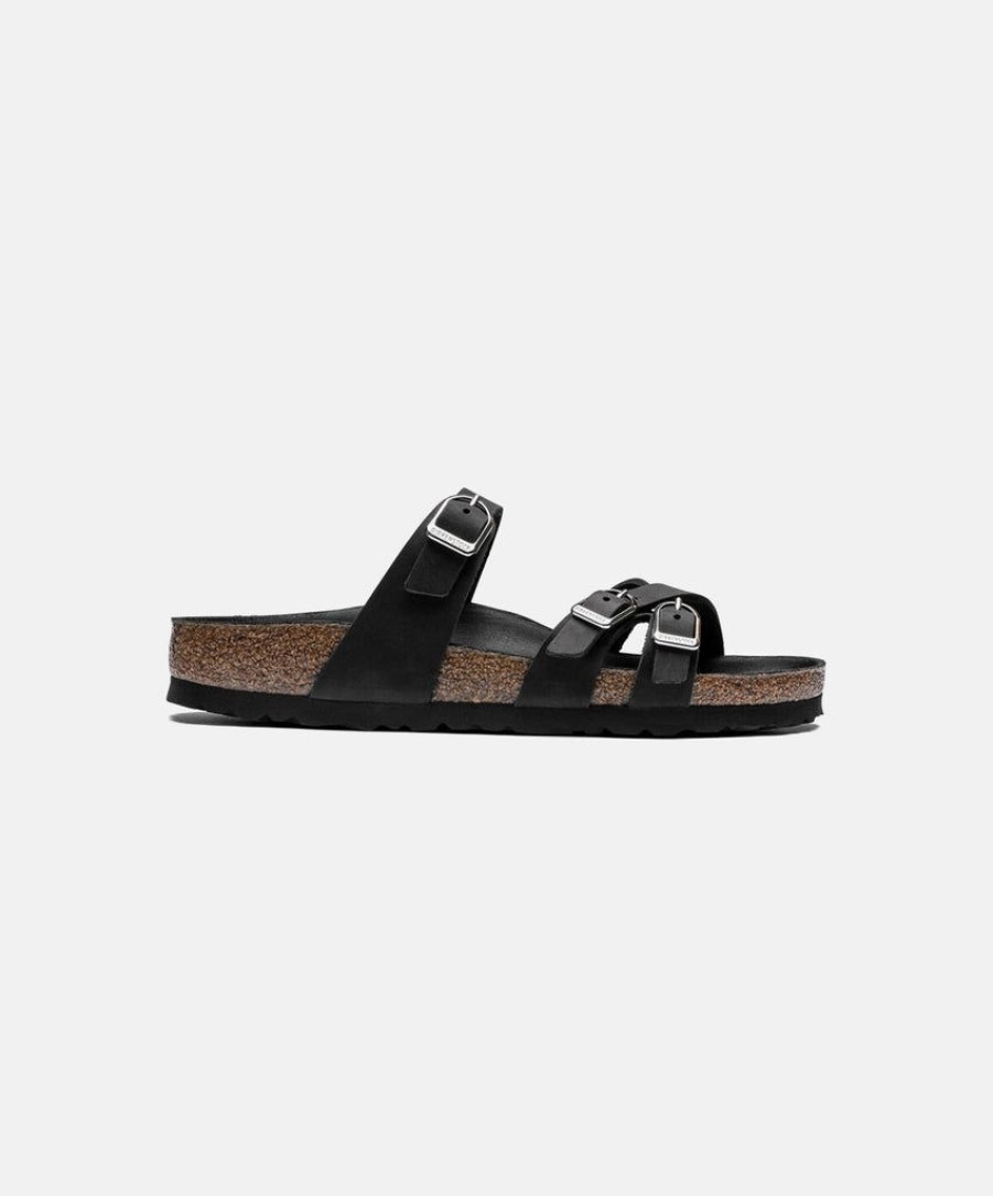 Women Birkenstock Slides | Birkenstock Franca Big Buckle Oiled Leather Sandals Black