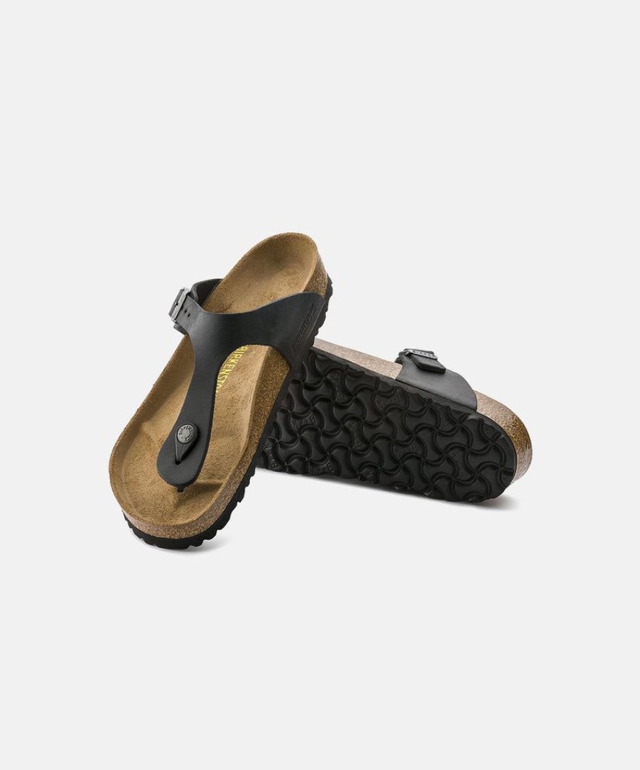 Women Birkenstock Toe Post Sandals | Birkenstock Gizeh Oiled Leather Black Sandals