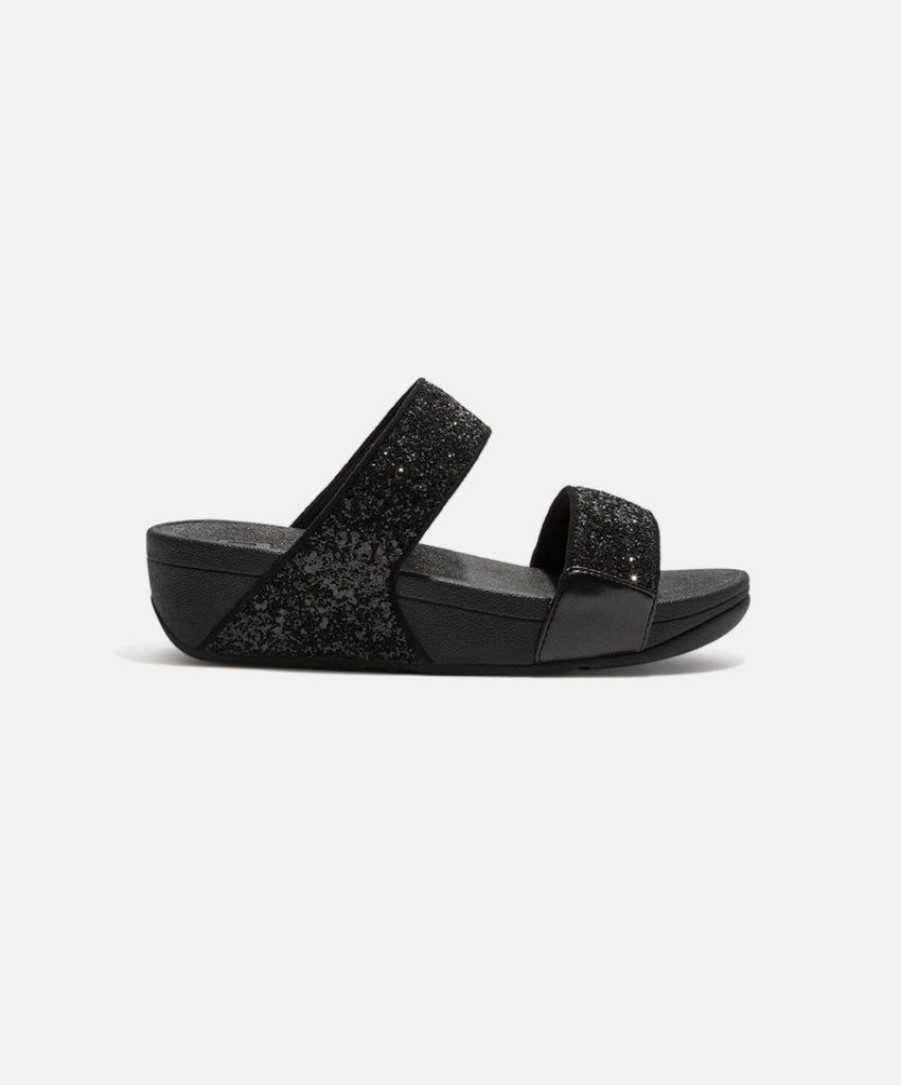 Women FitFlop Two Strap Sandals | Fitflop Lulu Glitter Slides Black