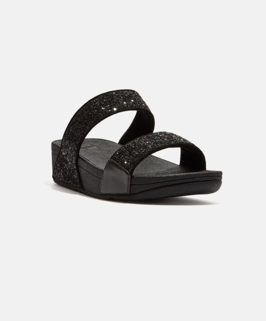 Women FitFlop Two Strap Sandals | Fitflop Lulu Glitter Slides Black