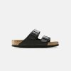 Women Birkenstock Two Strap Sandals | Birkenstock Arizona Birko-Flor Black Soft Footbed Sandals