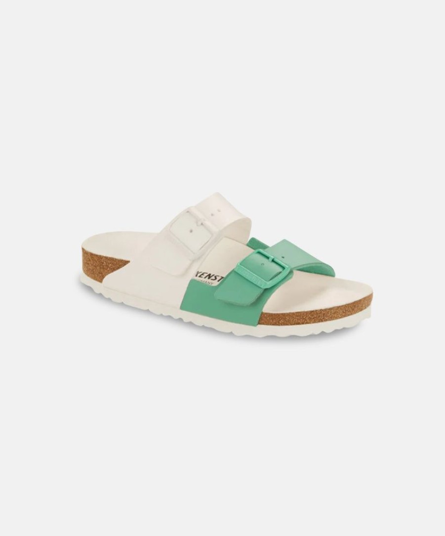 Men Birkenstock Slides | Birkenstock Arizona Split Birko-Flor White/Bold Jade Sandals