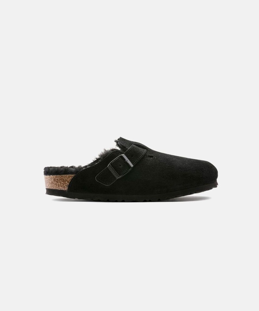 Women Birkenstock Clogs | Birkenstock Boston Suede Upper Shearling Clogs Black