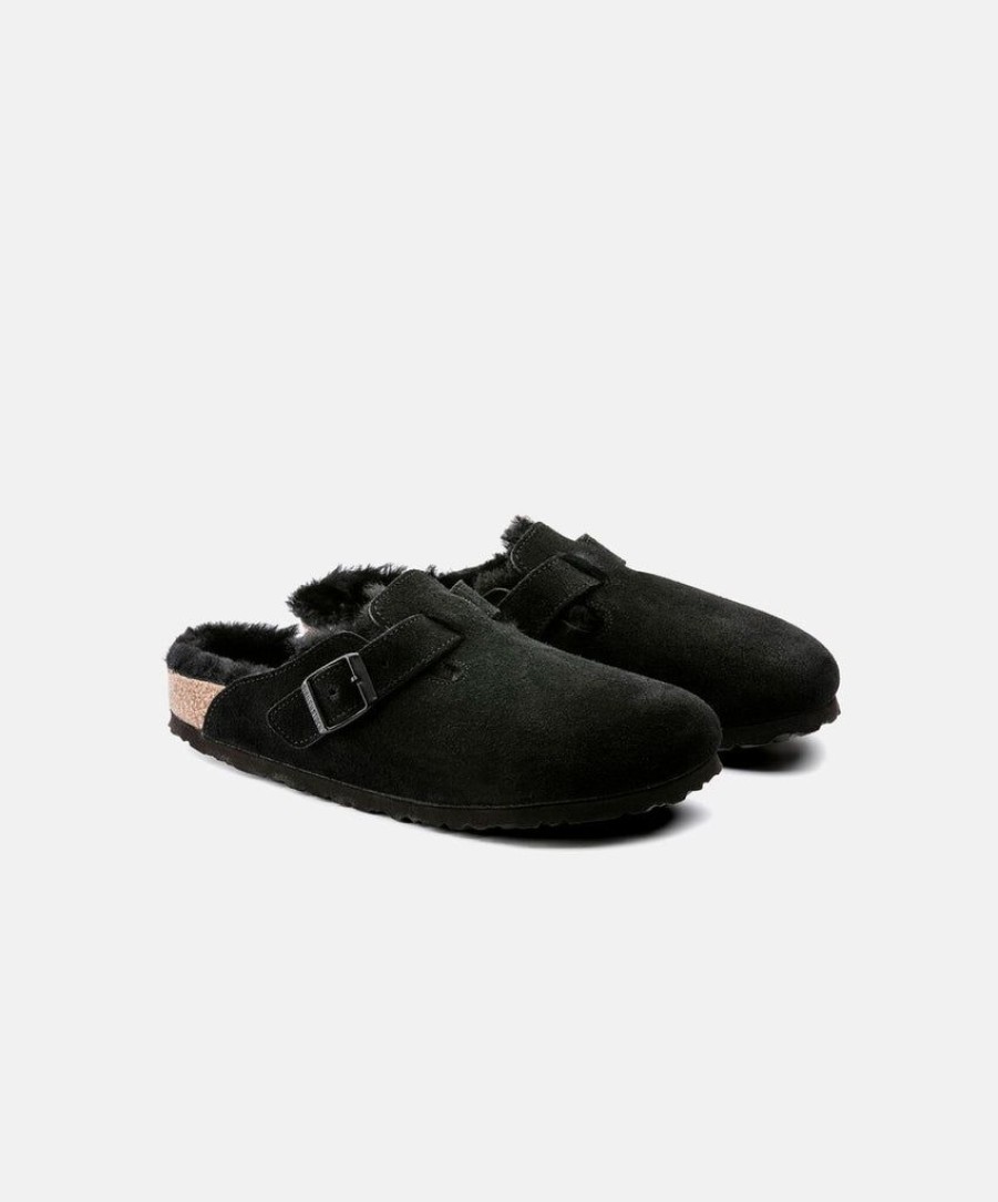 Women Birkenstock Clogs | Birkenstock Boston Suede Upper Shearling Clogs Black