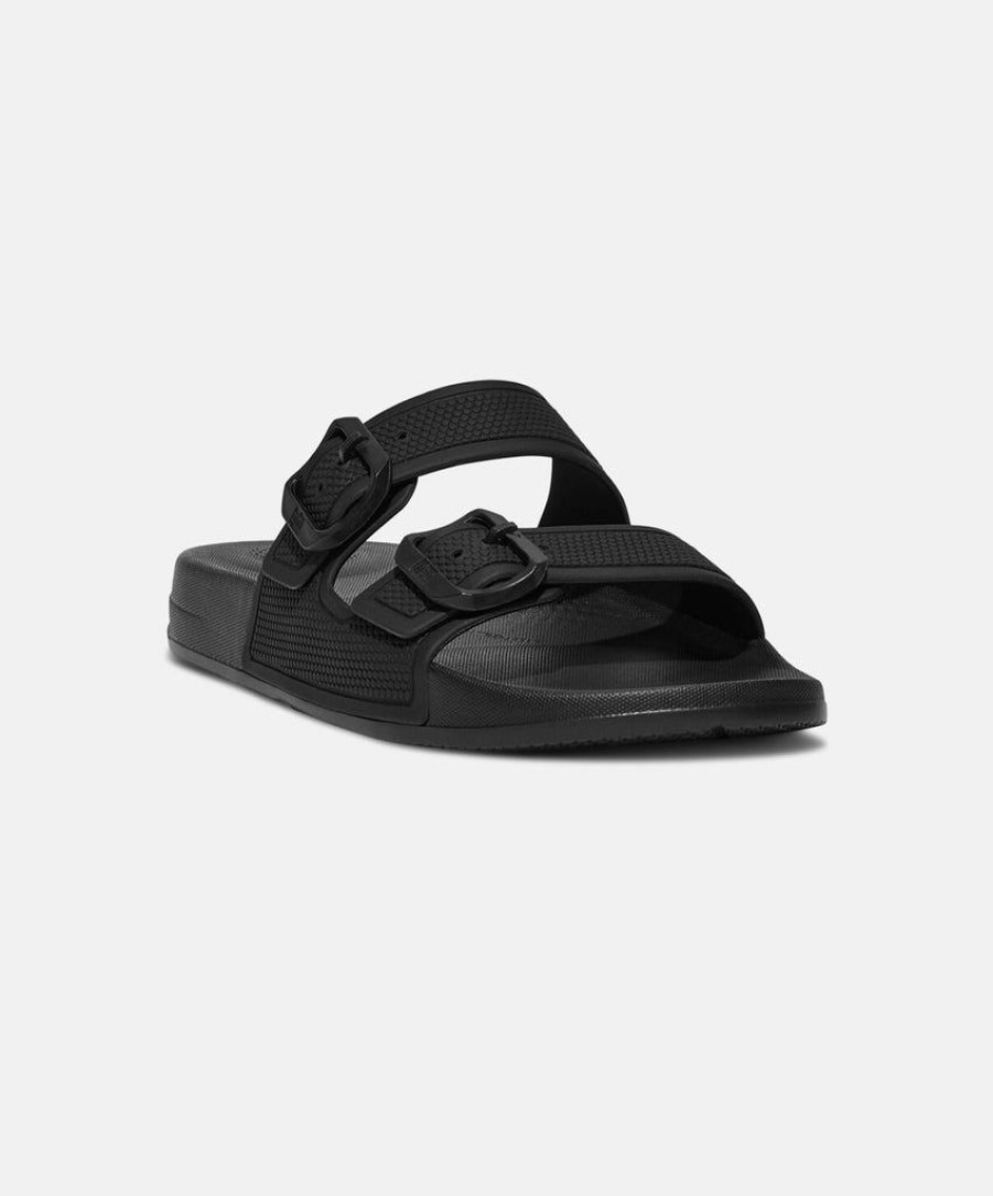 Women FitFlop Two Strap Sandals | Fitflop Iqushion Two Bar Buckle Slides Black