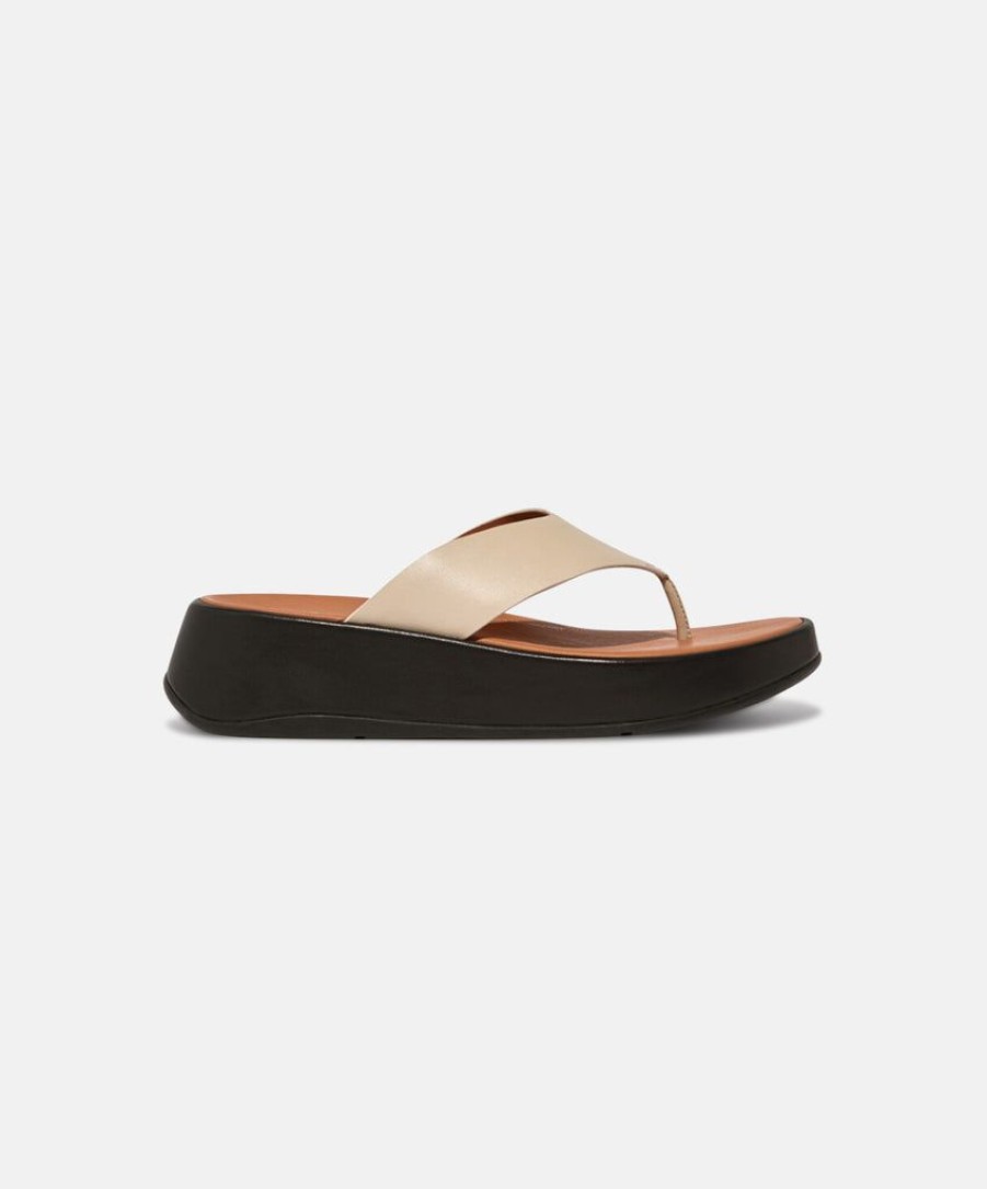 Women FitFlop Slides | Fitflop F-Mode Leather Flatform Toe Post Sandals Stone Beige/Black