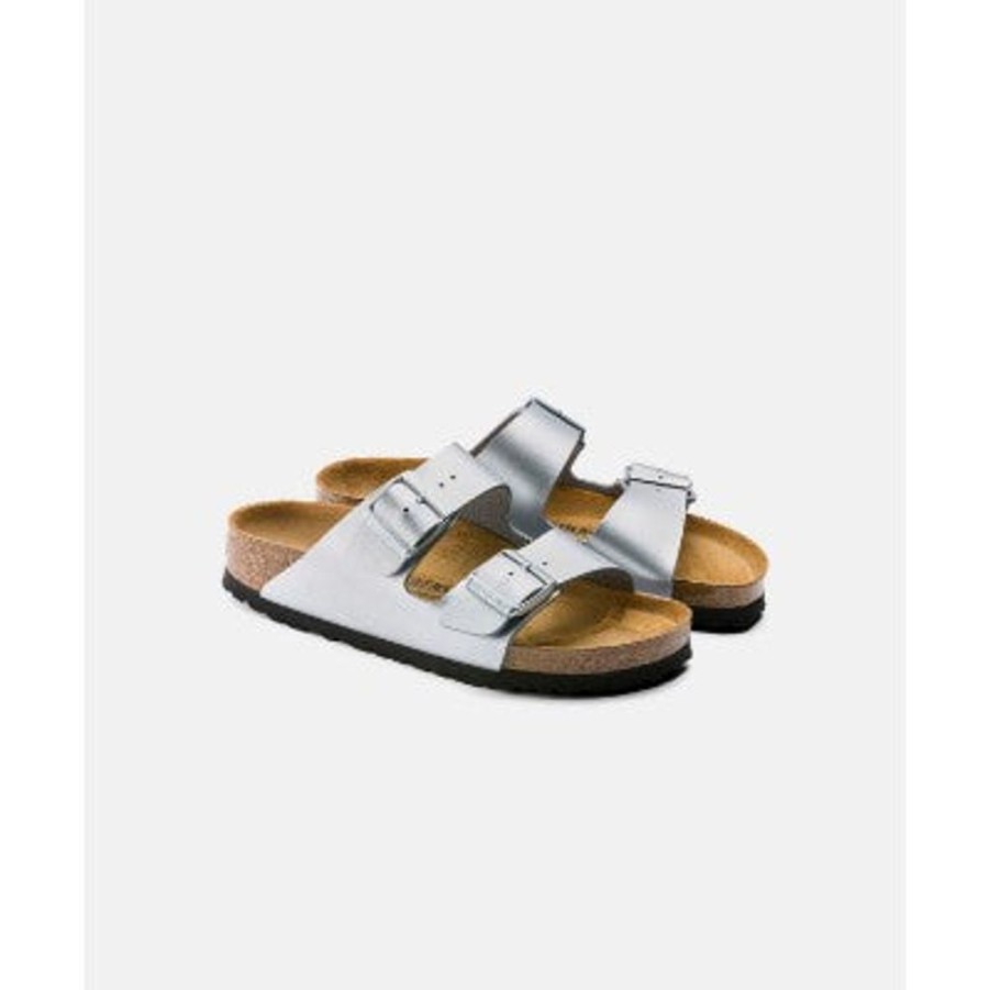 Men Birkenstock Two Strap Sandals | Birkenstock Arizona Birko-Flor Silver Sandals