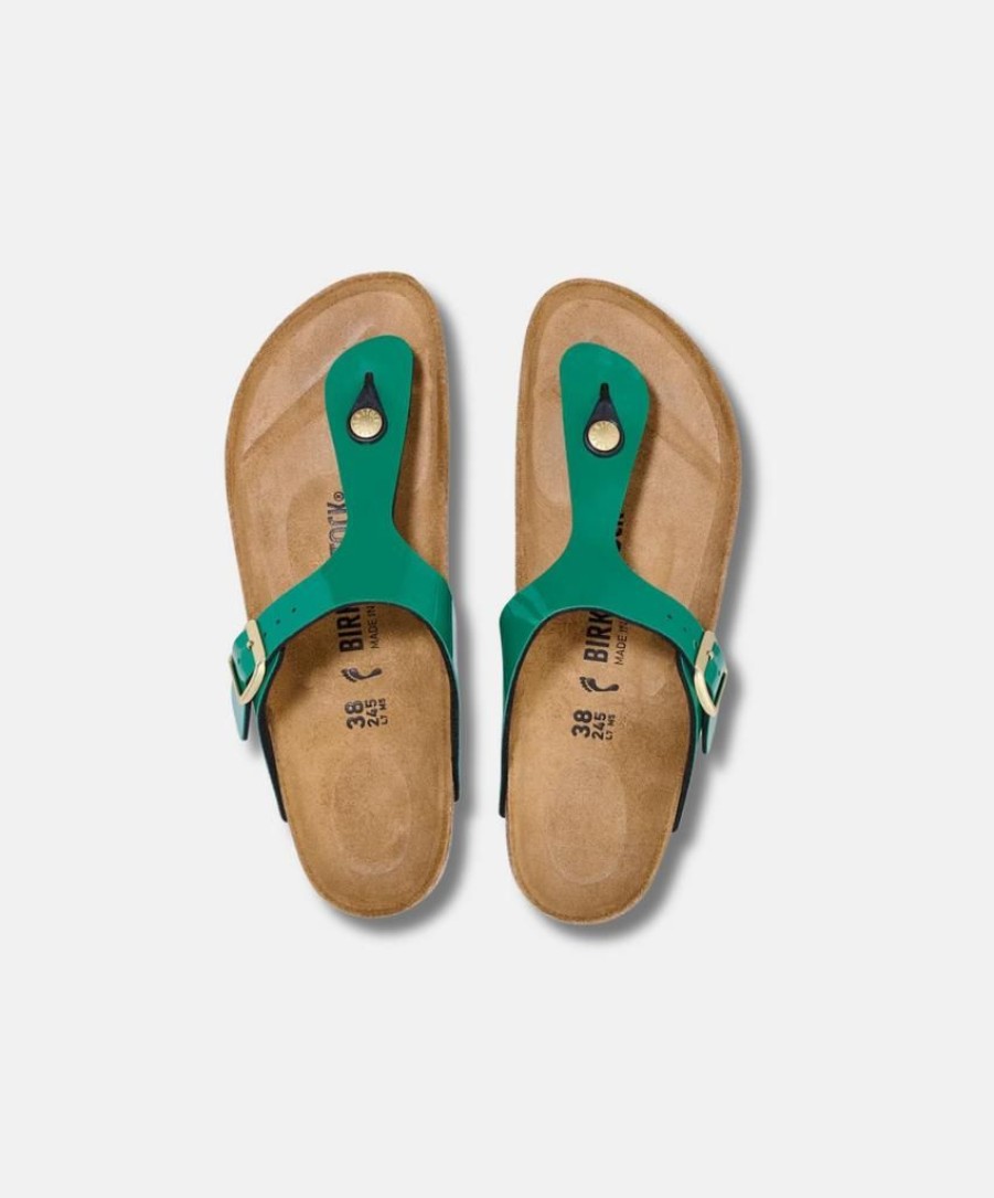 Women Bstore Toe Post Sandals | Birkenstock Gizeh Birko-Flor Digital Green Patent Sandals