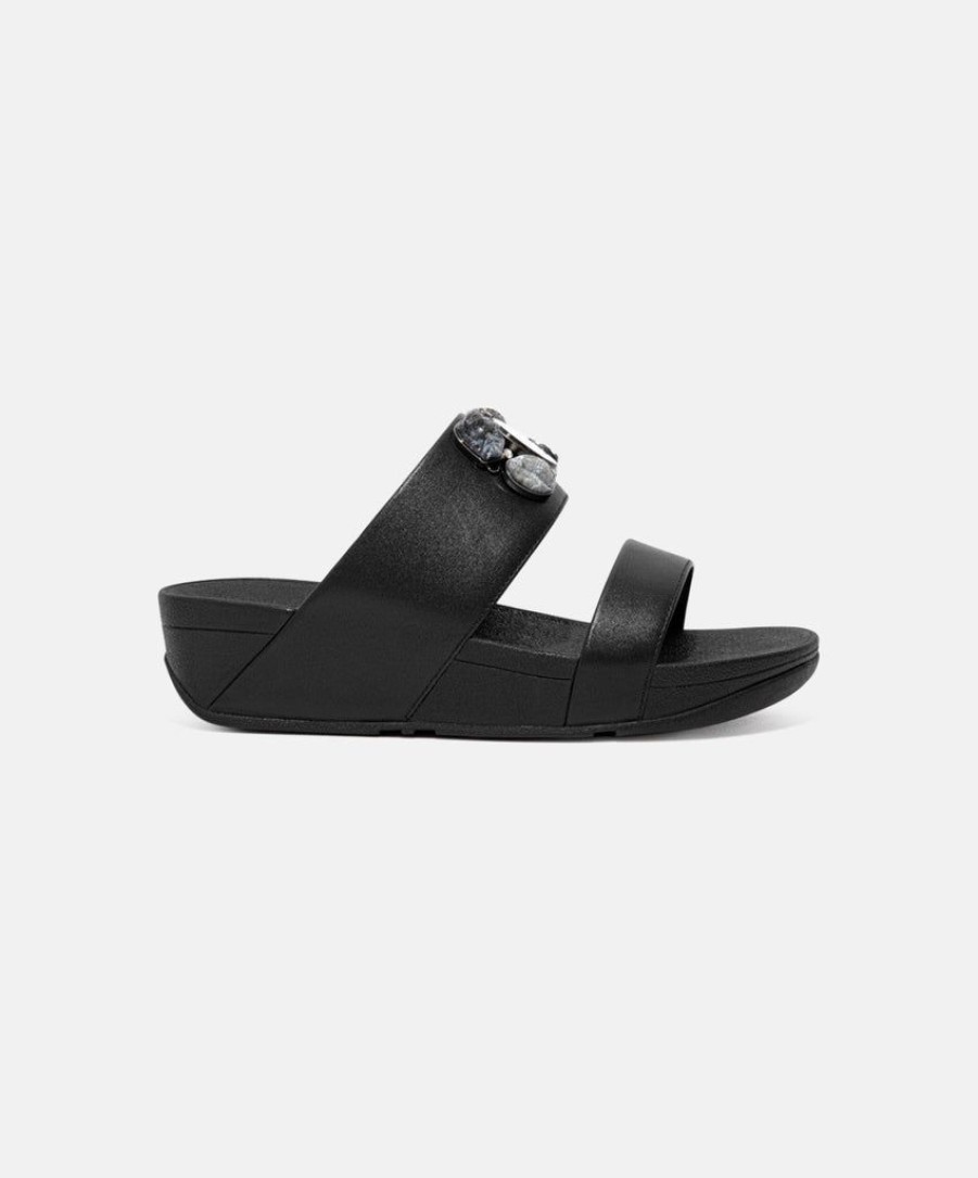 Women FitFlop Two Strap Sandals | Fitflop Rosa Stone-Cluster Leather Slides Black