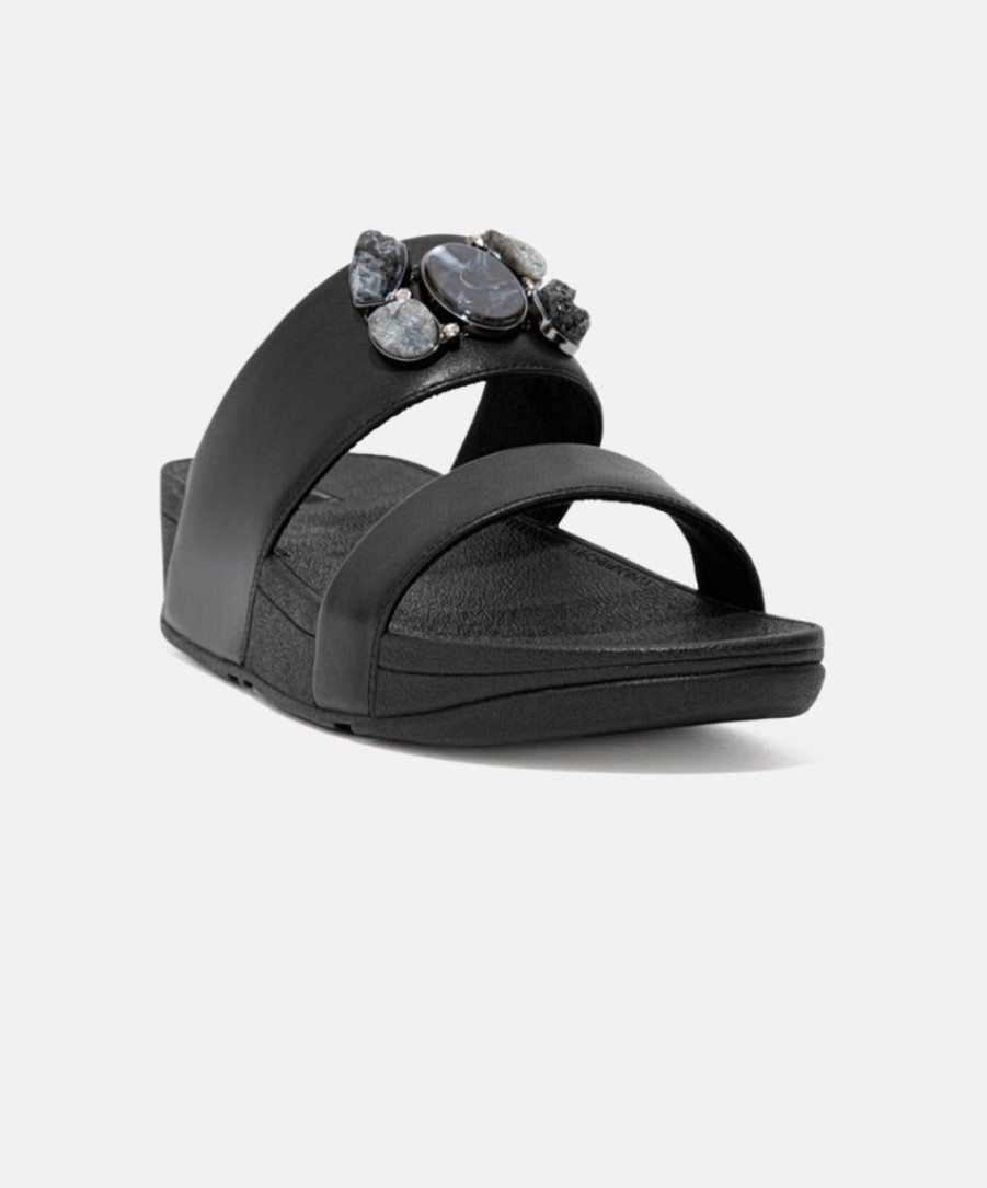 Women FitFlop Two Strap Sandals | Fitflop Rosa Stone-Cluster Leather Slides Black