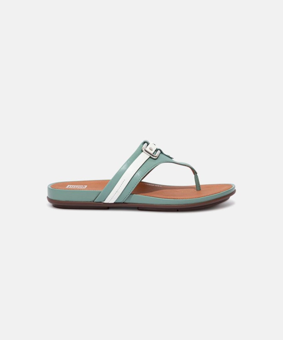 Women FitFlop Slides | Fitflop Gracie Stud-Buckle Leather Toe Post Sandals Green