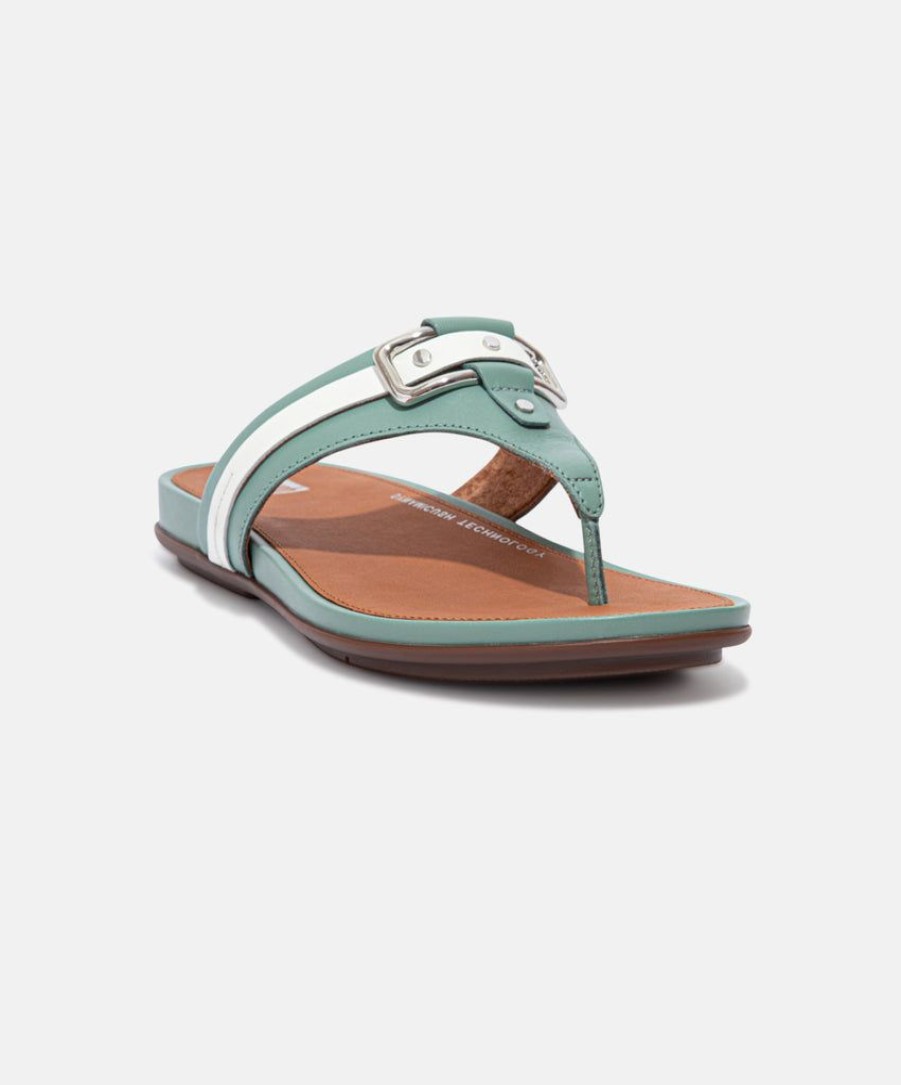 Women FitFlop Slides | Fitflop Gracie Stud-Buckle Leather Toe Post Sandals Green