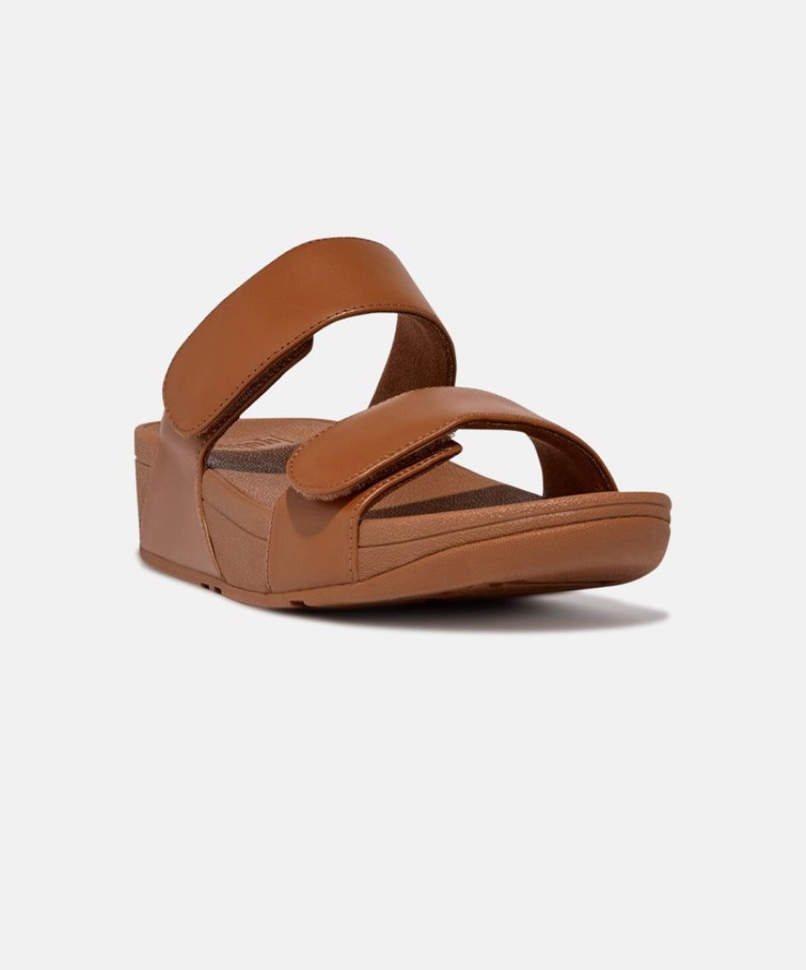 Women FitFlop Leather Sandals | Fitflop Lulu Leather Velcro Adjustable Slides Brown