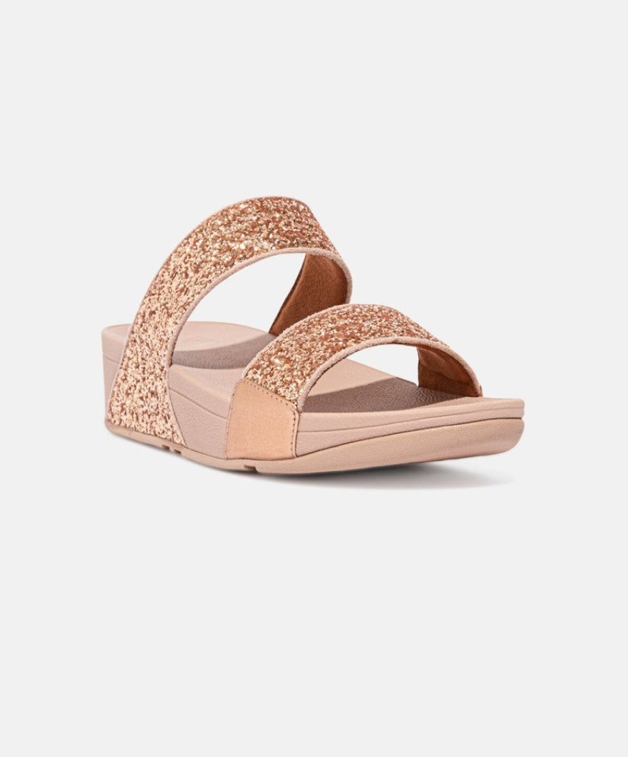 Women FitFlop Slides | Fitflop Lulu Glitter Rose Gold Slides