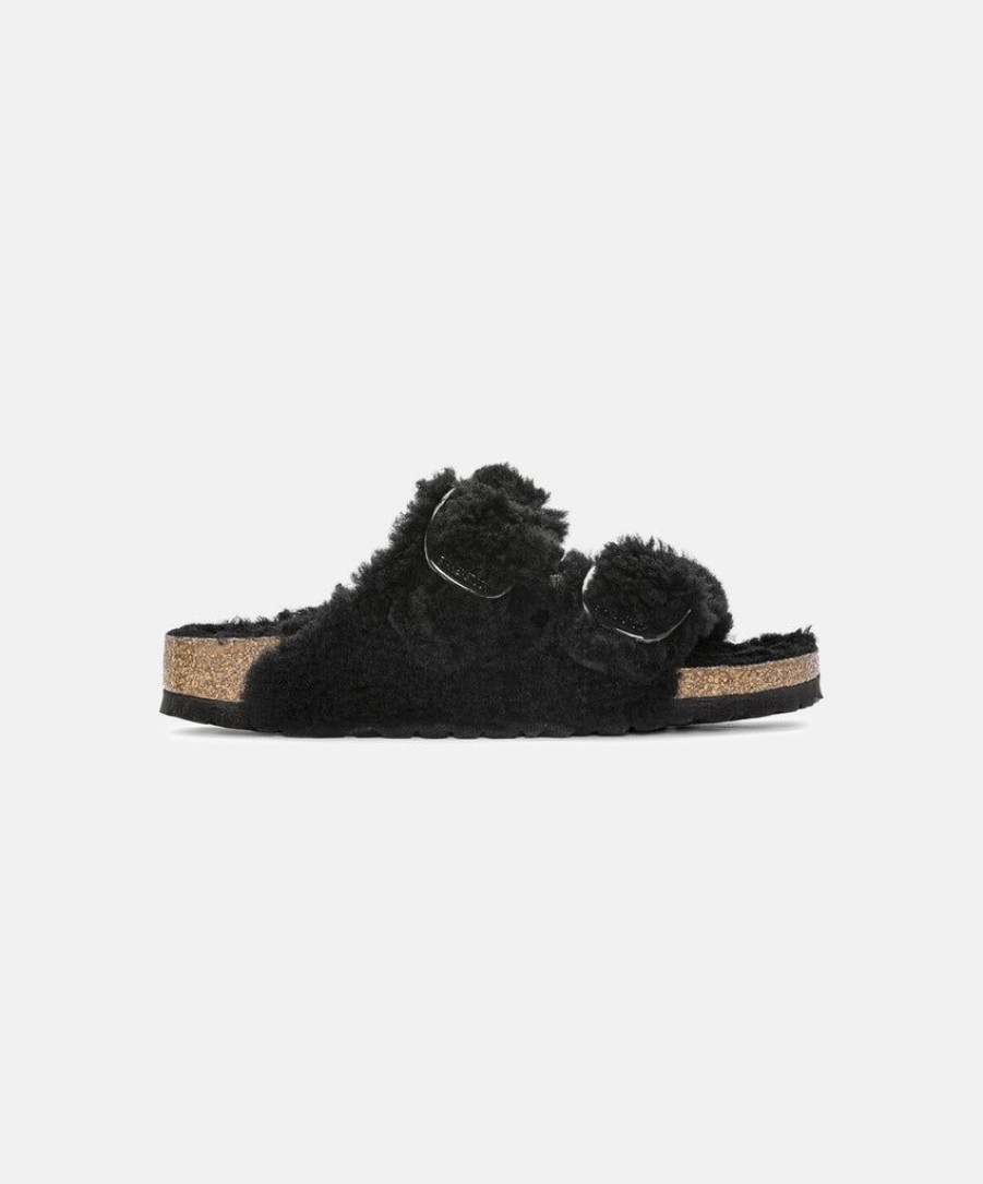 Women Birkenstock Two Strap Sandals | Birkenstock Arizona Big Buckle Teddy Shearling Black Sandals