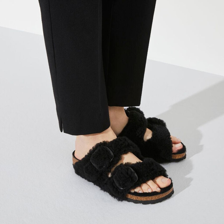 Women Birkenstock Two Strap Sandals | Birkenstock Arizona Big Buckle Teddy Shearling Black Sandals